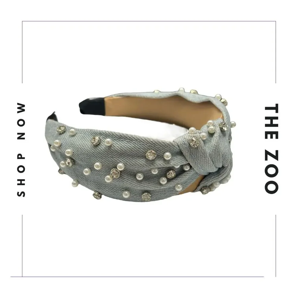 Rhinestones and Pearls‎ Headband Light Blue